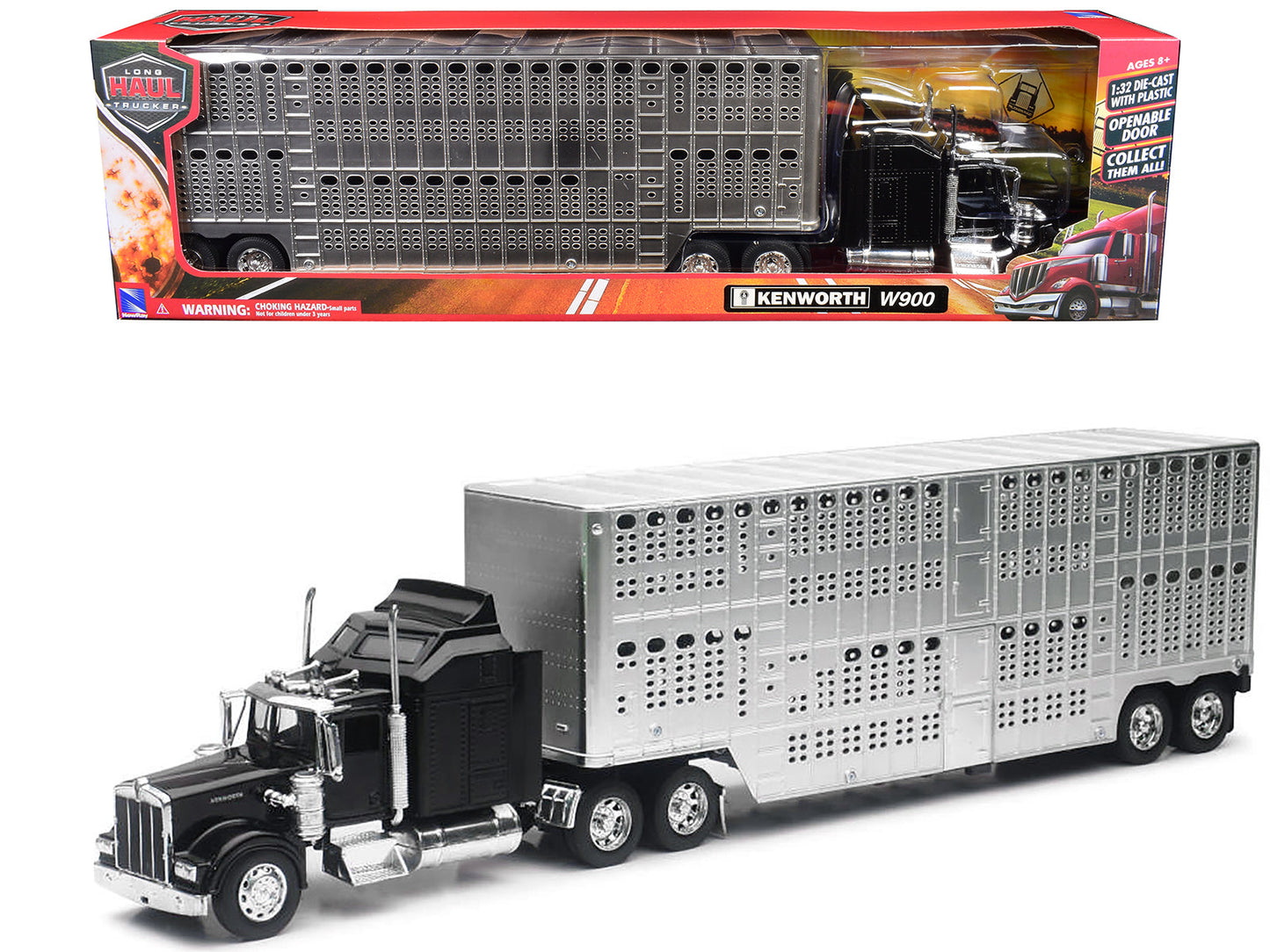 Kenworth W900 Truck Black with Pot Belly Livestock Chrome "Long Haul Truckers" Series 1/32 Diecast Model