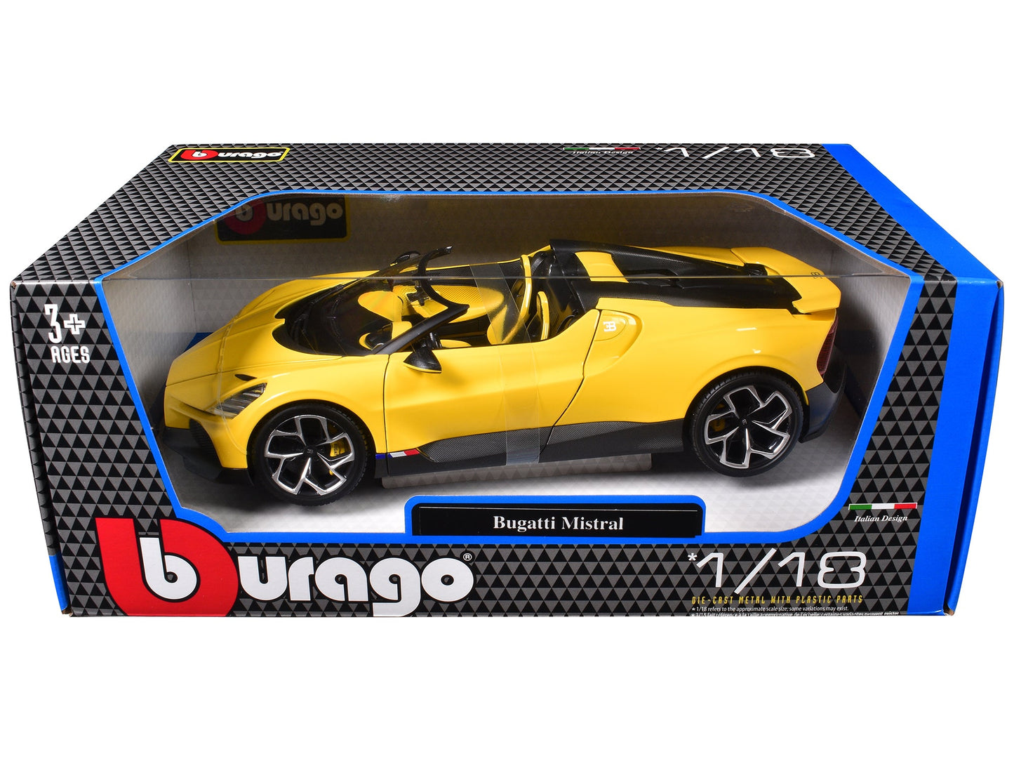 Bugatti Mistral Yellow with Carbon Accents 1/18 Diecast Model Car