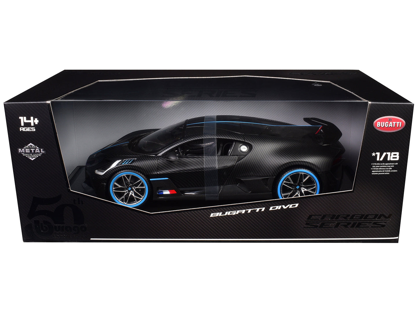Bugatti Divo Carbon Fiber with Blue Accents "Carbon Series - Bburago 50th Anniversary" 1/18 Diecast Model Car