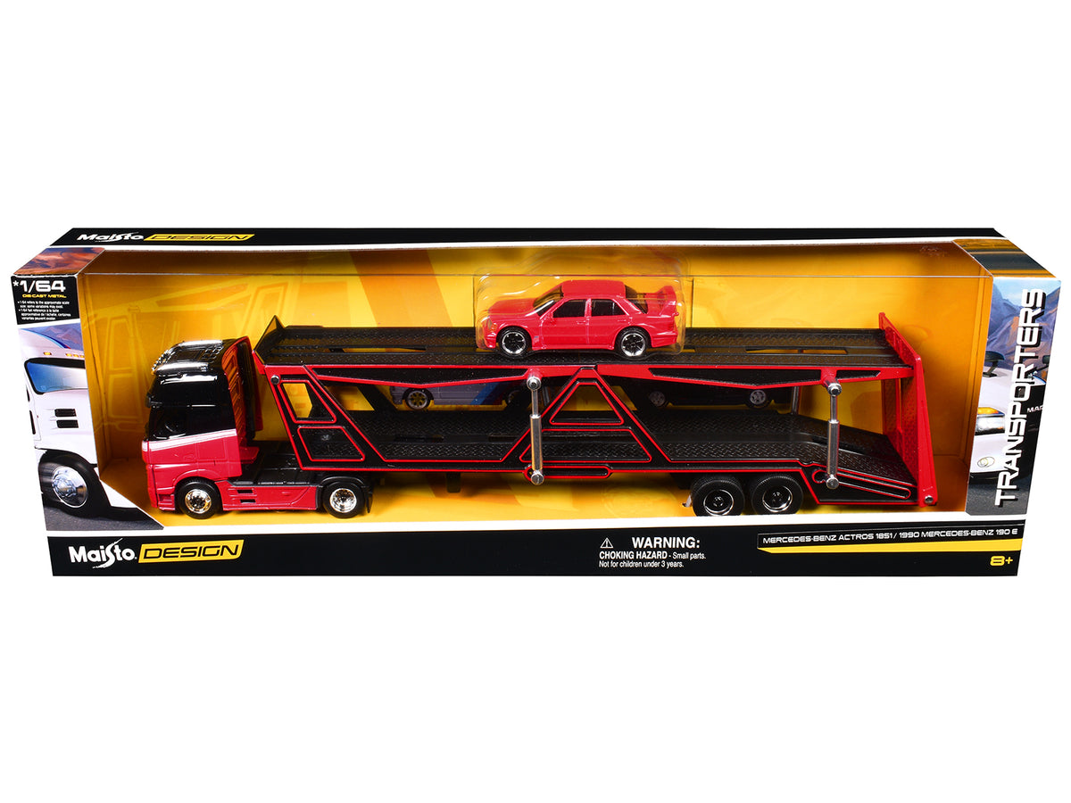 Mercedes-Benz Actros Open Car Hauler Red and Black with White Stripes and 1990 Mercedes-Benz 190E Red "Transporters" Series 1/64 Diecast Models