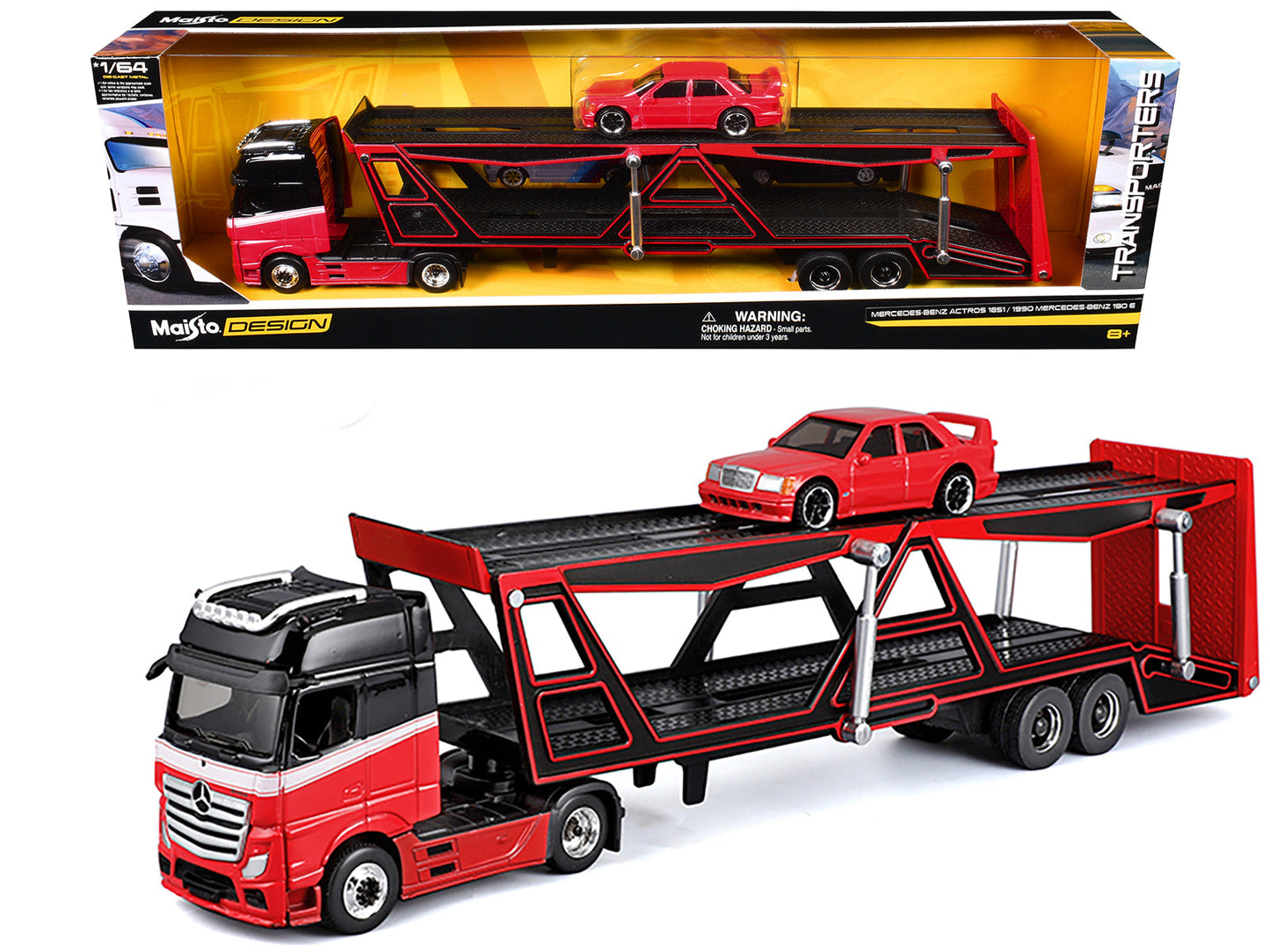 Mercedes-Benz Actros Open Car Hauler Red and Black with White Stripes and 1990 Mercedes-Benz 190E Red "Transporters" Series 1/64 Diecast Models