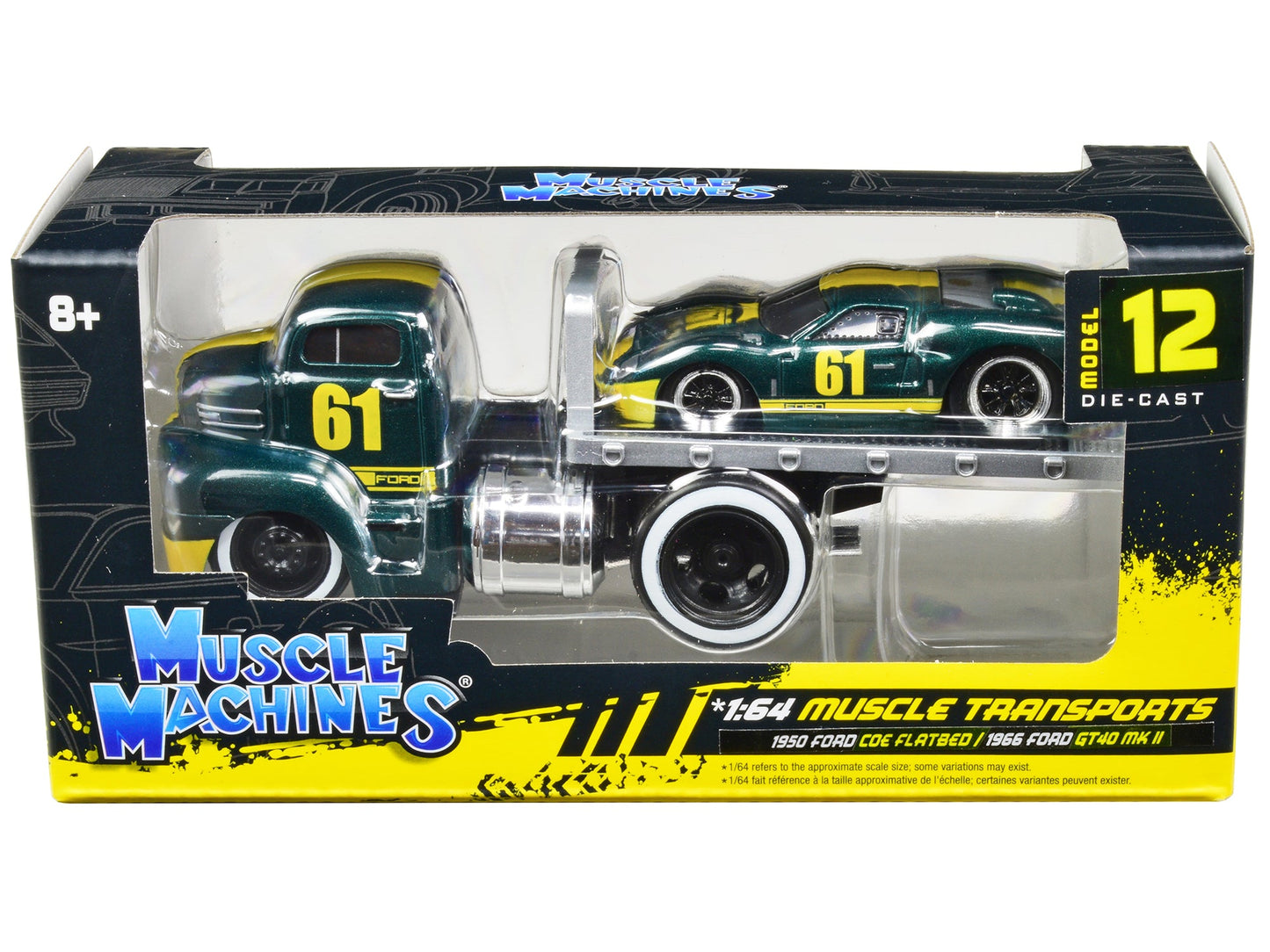 1950 Ford COE Flatbed Truck #61 and 1966 Ford GT40 MK II #61 Green Metallic with Yellow Stripes "Muscle Transports" Series 1/64 Diecast Model Cars