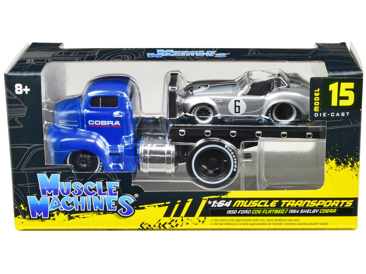 1950 Ford COE Flatbed Truck Blue "Cobra Powered by Ford" and 1964 Shelby Cobra #6 Silver Metallic with Stripes "Muscle Transports" Series 1/64 Diecast Model Cars