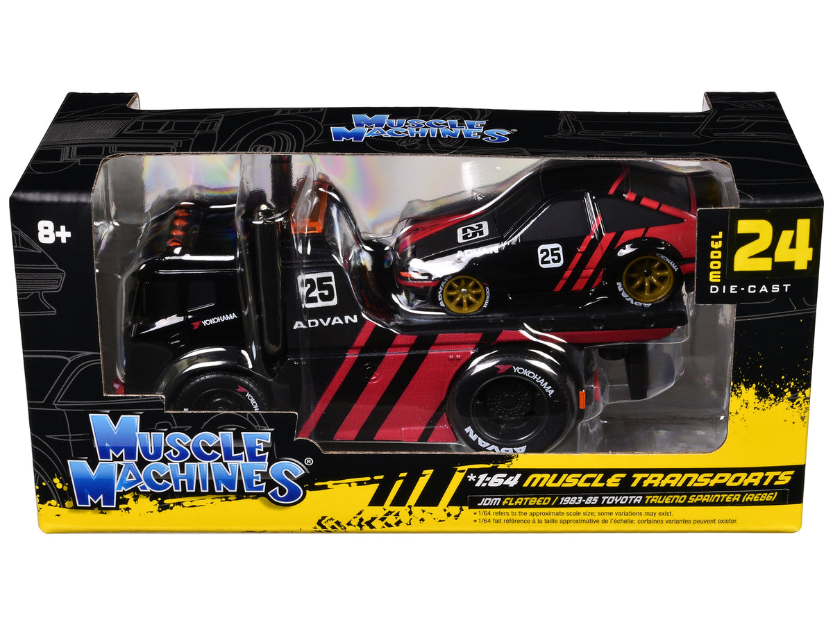 JDM Flatbed Truck #25 Black and Red and 1983-85 Toyota Trueno Sprinter (AE86) #25 Black and Red "Advan" Livery "Muscle Transports" Series 1/64 Diecast Models