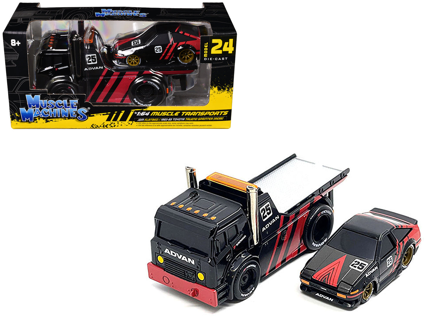 JDM Flatbed Truck #25 Black and Red and 1983-85 Toyota Trueno Sprinter (AE86) #25 Black and Red "Advan" Livery "Muscle Transports" Series 1/64 Diecast Models
