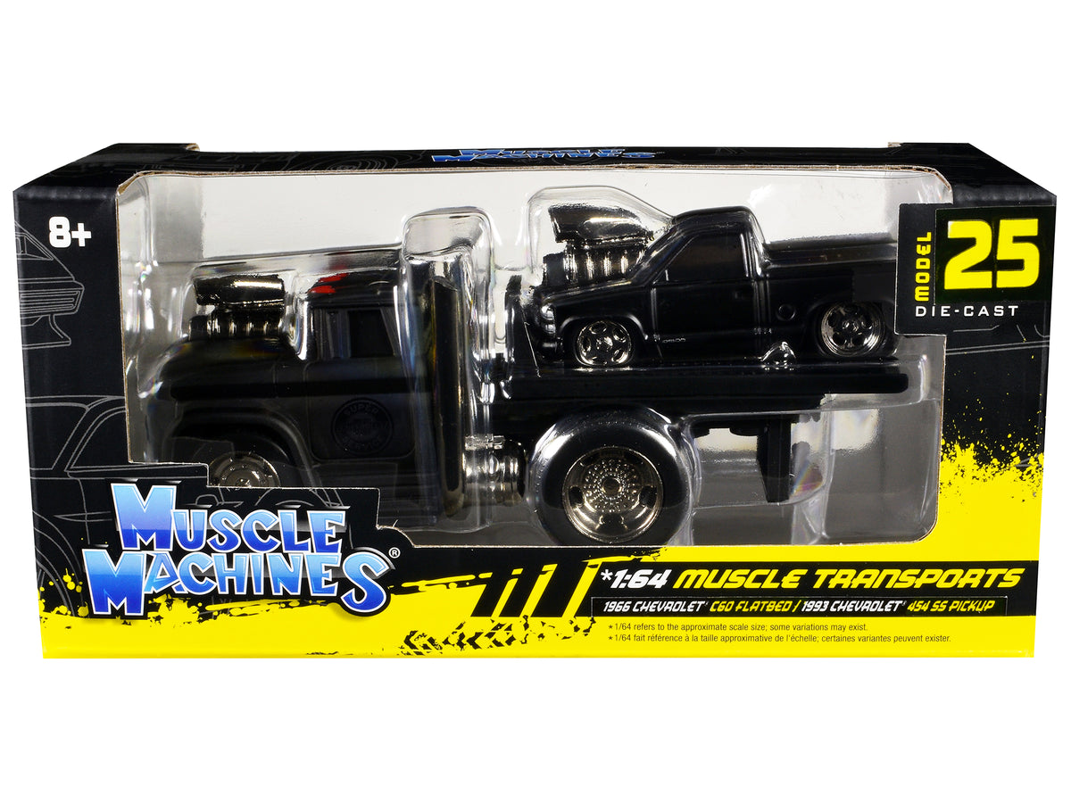 1966 Chevrolet C60 Flatbed Truck Matt Black and 1993 Chevrolet 454 SS Pickup Truck Matt Black "Muscle Transports" Series 1/64 Diecast Models
