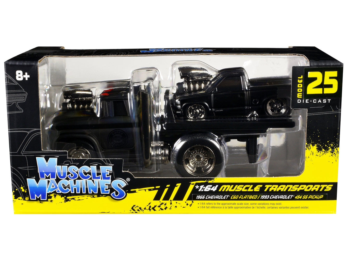 1966 Chevrolet C60 Flatbed Truck Matt Black and 1993 Chevrolet 454 SS Pickup Truck Matt Black "Muscle Transports" Series 1/64 Diecast Models