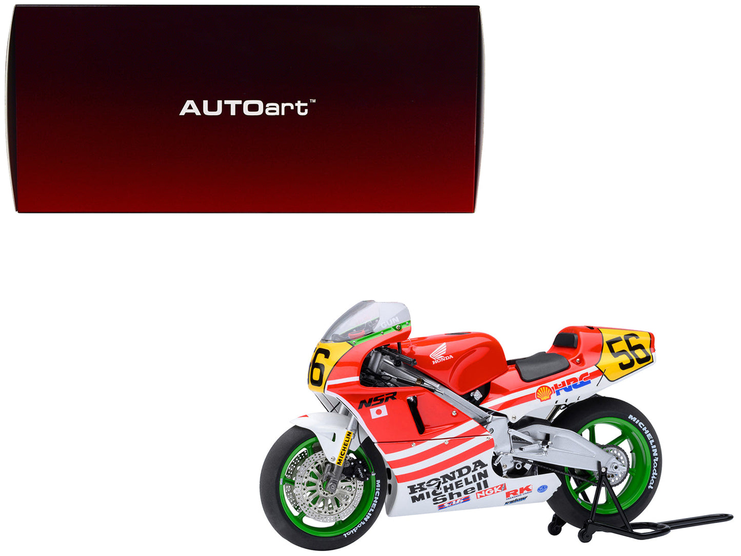 Honda NSR500 WGP500 Motorcycle #56 Red and White with Helmet "Baribari Legend" (1986) OVA 1/12 Model