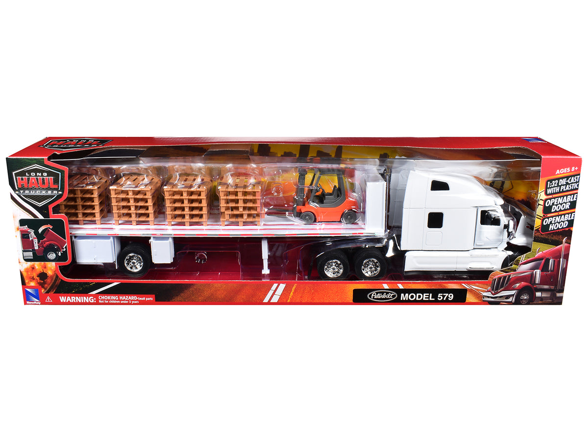 Peterbilt 579 Truck White with Flatbed Trailer White and Load of Forklift and Pallets "Long Haul Truckers" Series 1/32 Diecast Model