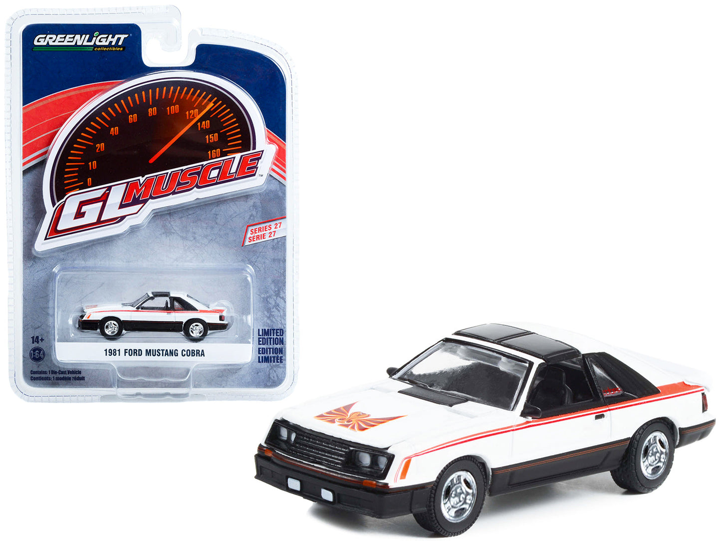 1981 Ford Mustang Cobra Polar White and Black with Red Stripes "Greenlight Muscle" Series 27 1/64 Diecast Model Car
