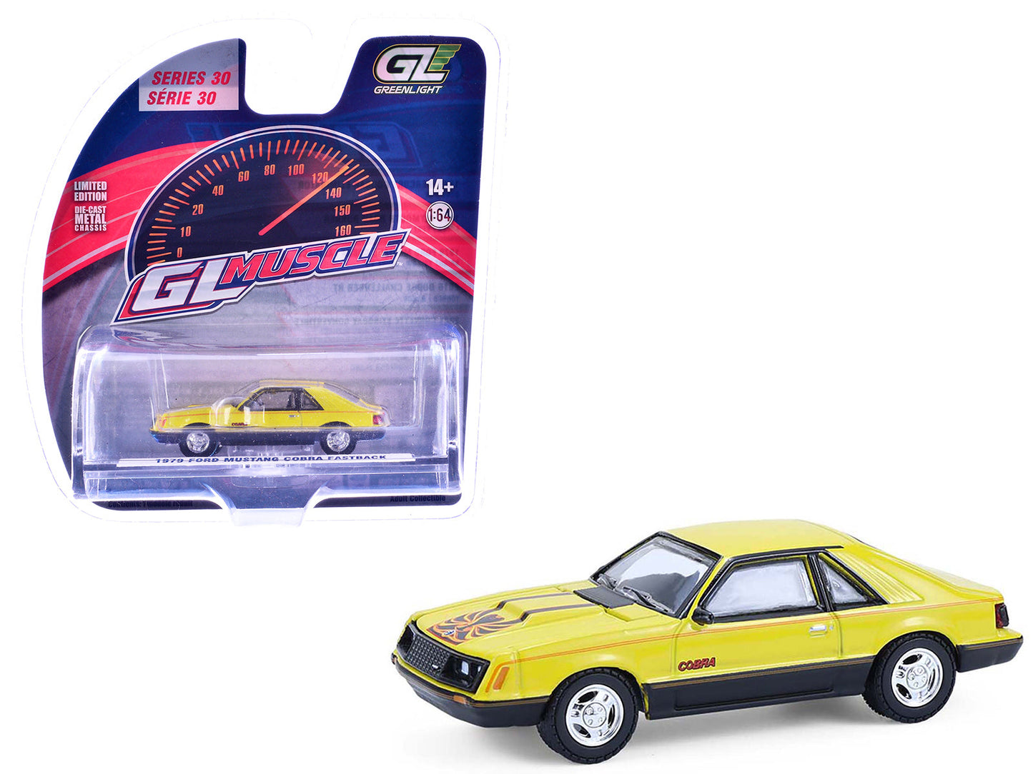 1979 Ford Mustang Cobra Fastback Bright Yellow with Cobra Good Graphics "GreenLight Muscle" Series 30 1/64 Diecast Model Car