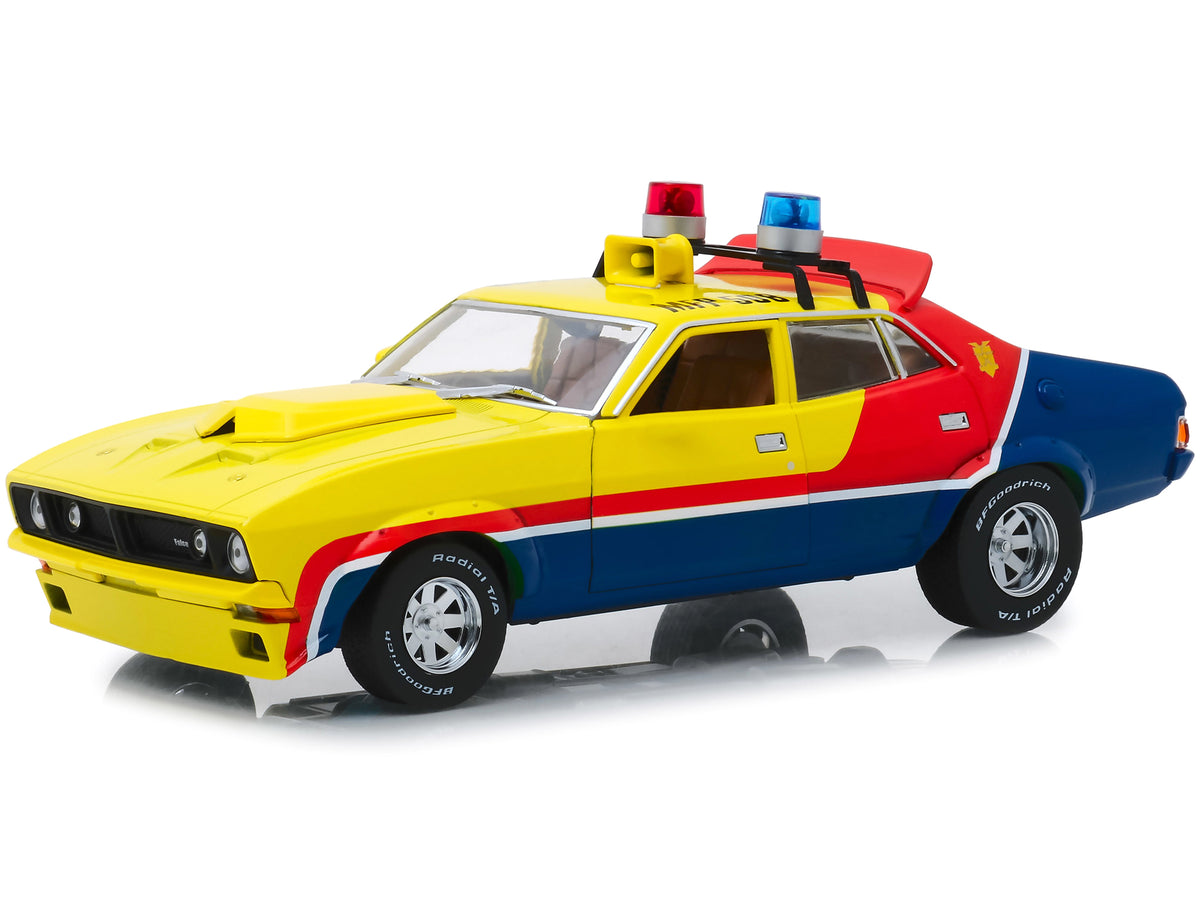 1974 Ford Falcon XB 4-Door Sedan RHD (Right Hand Drive) Yellow and Blue with Red Stripes "MFP 508" "First of the V8 Interceptors" (1979) Movie 1/18 Diecast Model Car