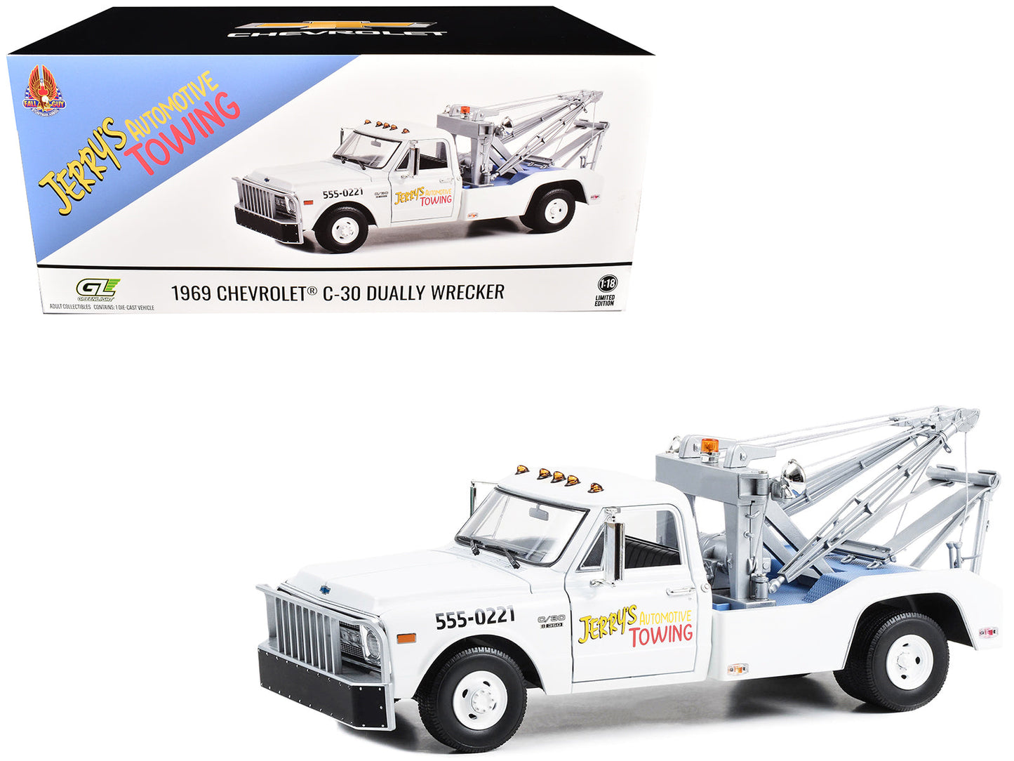1969 Chevrolet C-30 Dually Wrecker Jerry’s Towing "Fall Guy Stuntman Association" "The Fall Guy" (1981-1986) TV Series 1/18 Diecast Model Car