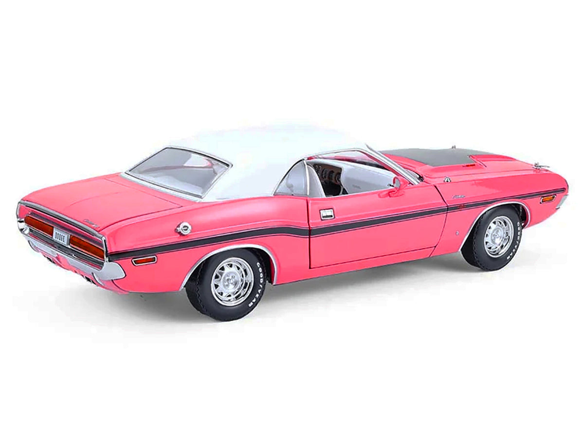 1970 Dodge Challenger R/T 440 Six Pack Panther Pink with Black Stripes White Top and White Interior 1/18 Diecast Model Car