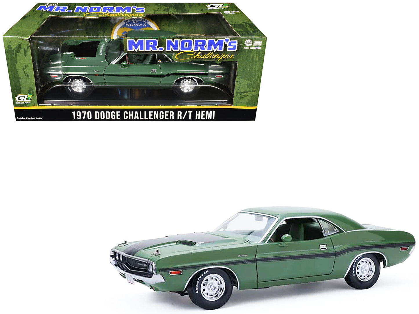 1970 Dodge Challenger R/T Hemi F8 Green with Black Stripes and Green Interior "Mr. Norm's Challenger" 1/18 Diecast Model Car