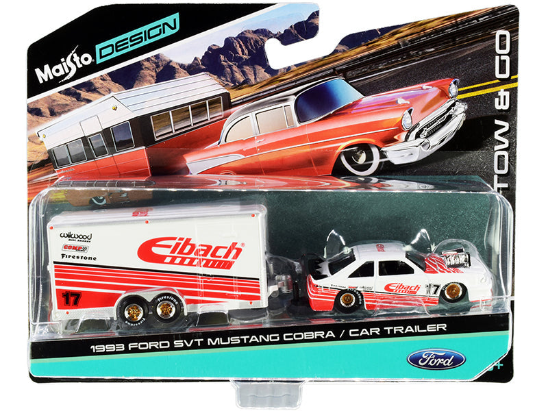 1993 Ford SVT Mustang Cobra #17 with Enclosed Car Trailer "Eibach" White with Red Stripes "Tow & Go" Series 1/64 Diecast Model Cars