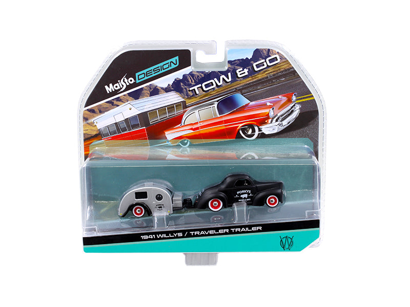 1941 Willys Matt Black and Traveler Trailer Tow & Go 1/64 Diecast Model