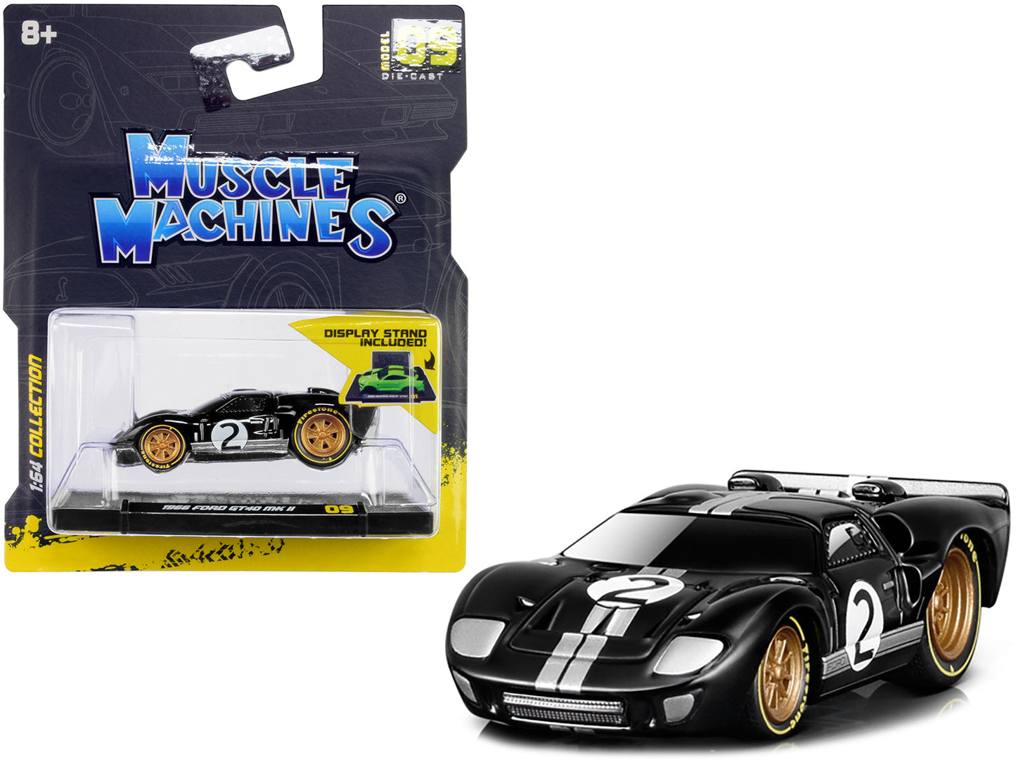 1966 Ford GT40 MKII #2 Black with Silver Stripes and Gold Wheels 1/64 Diecast Model Car