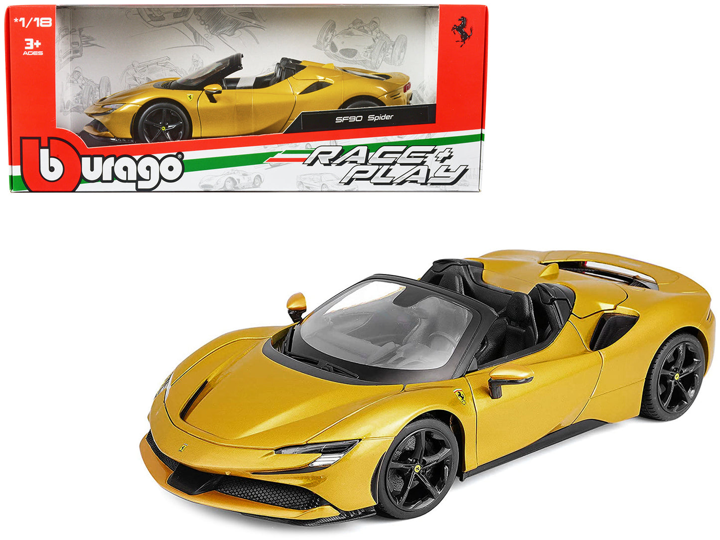 Ferrari SF90 Spider Gold Metallic "Race + Play" Series 1/18 Diecast Model Car
