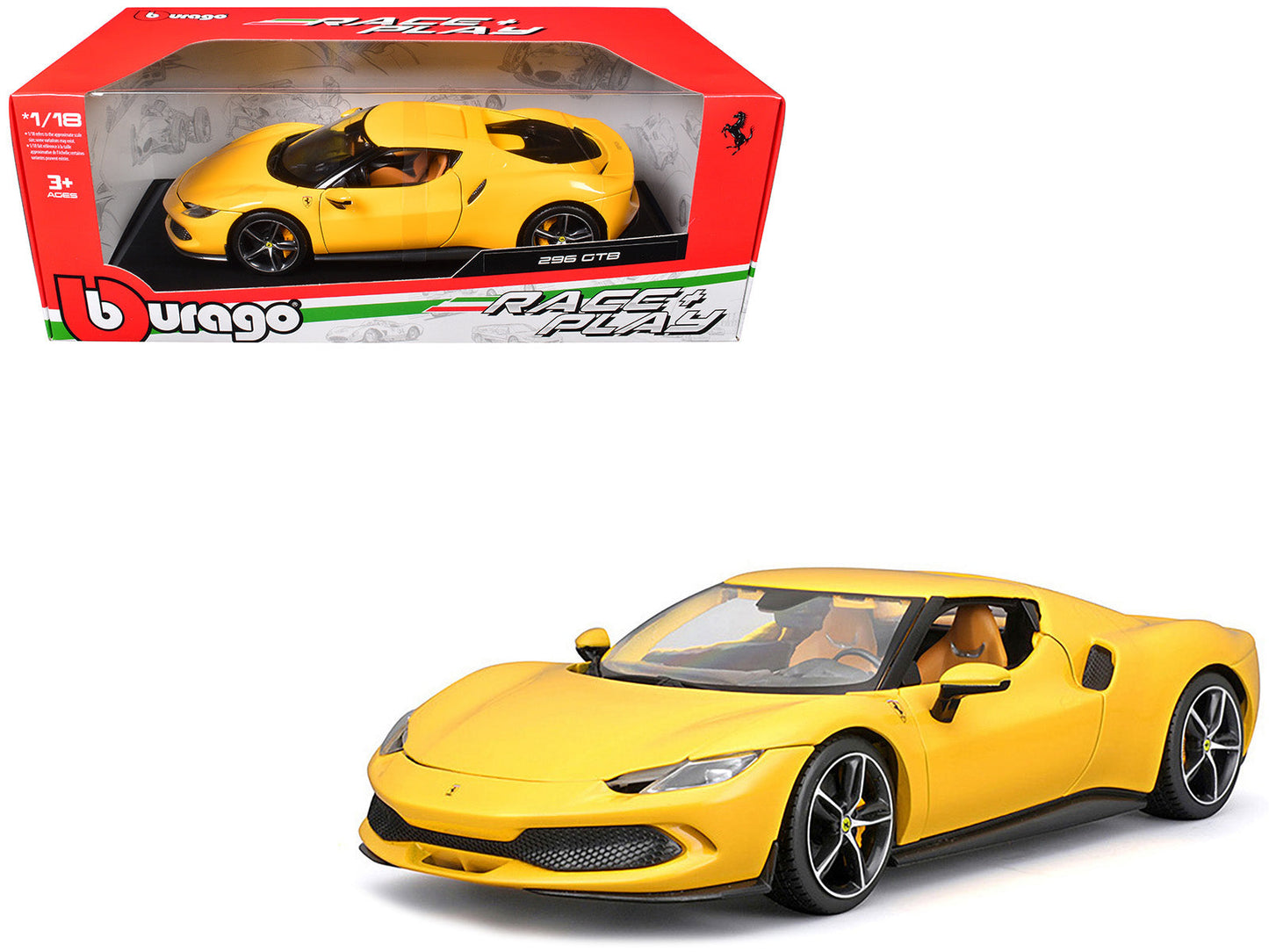 Ferrari 296 GTB Yellow "Race + Play" Series 1/18 Diecast Model Car