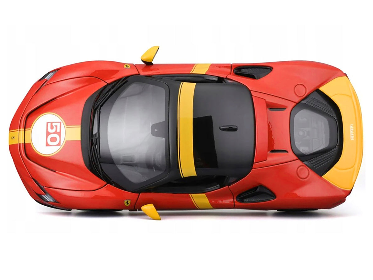 Ferrari SF90 Stradale Assetto Fiorano #50 Red with Black Top and Yellow Stripes "Race + Play" Series 1/18 Diecast Model Car