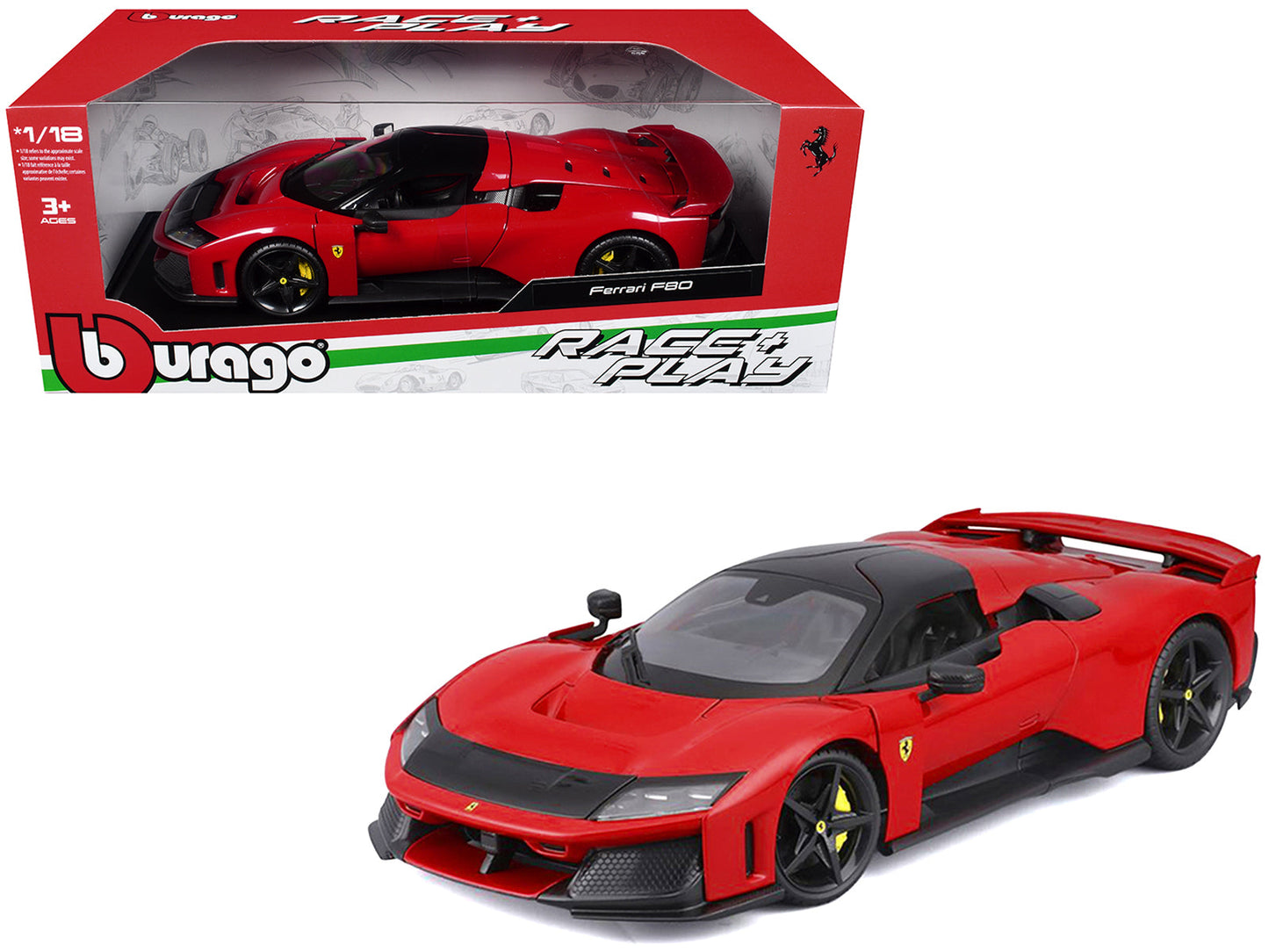 Ferrari F80 Red with Black Top "Race + Play" Series 1/18 Diecast Model Car