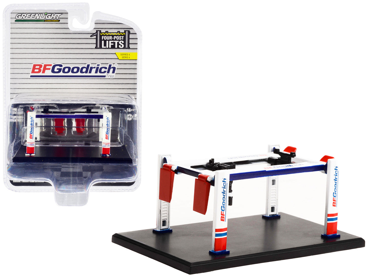 Adjustable Four-Post Lift "BFGoodrich" White and Red "Four-Post Lifts" "Four-Post Lifts" Series 4 1/64 Diecast Model