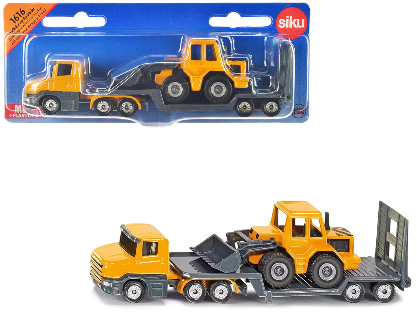 Truck with Low Loader Trailer and Front Loader Yellow Diecast Model