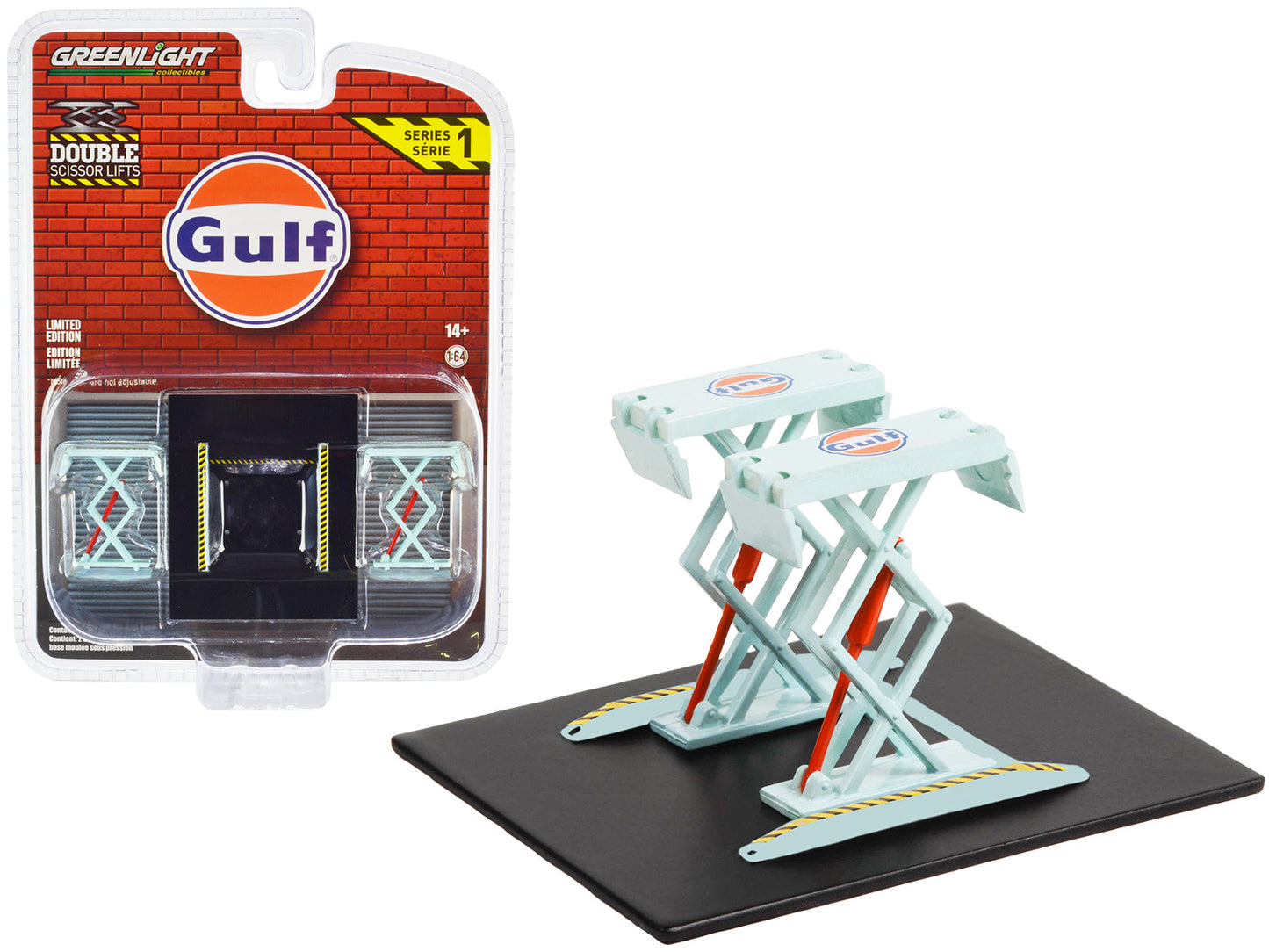 Automotive Double Scissor Lift "Gulf Oil" Light Blue "Double Scissor Lifts" Series 1 1/64 Diecast Model