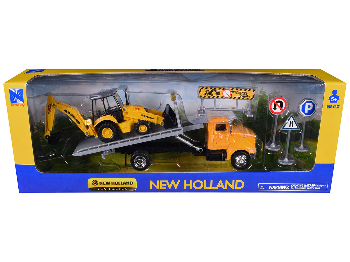 Peterbilt 335 Roll-Off Flatbed Truck and New Holland B110C Backhoe Loader with Street Signs "New Holland Construction" Diecast Models