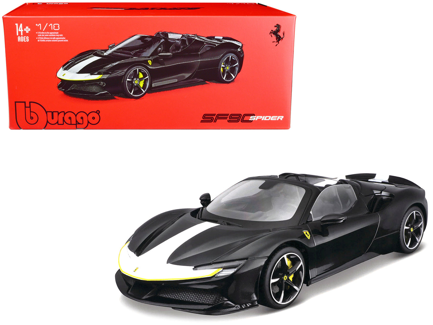 Ferrari SF90 Spider Assetto Fiorano Black Metallic with White Stripes "Signature Series" 1/18 Diecast Model Car