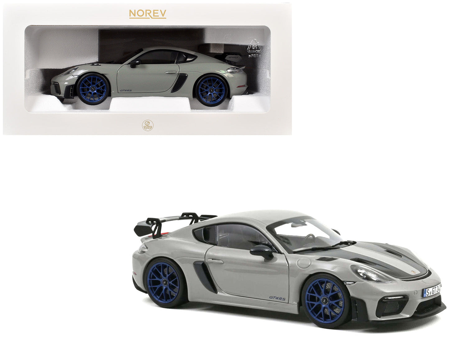 2023 Porsche Cayman GT4 RS Weissach Pack Chalk Gray with Carbon Hood Stripes 1/18 Diecast Model Car