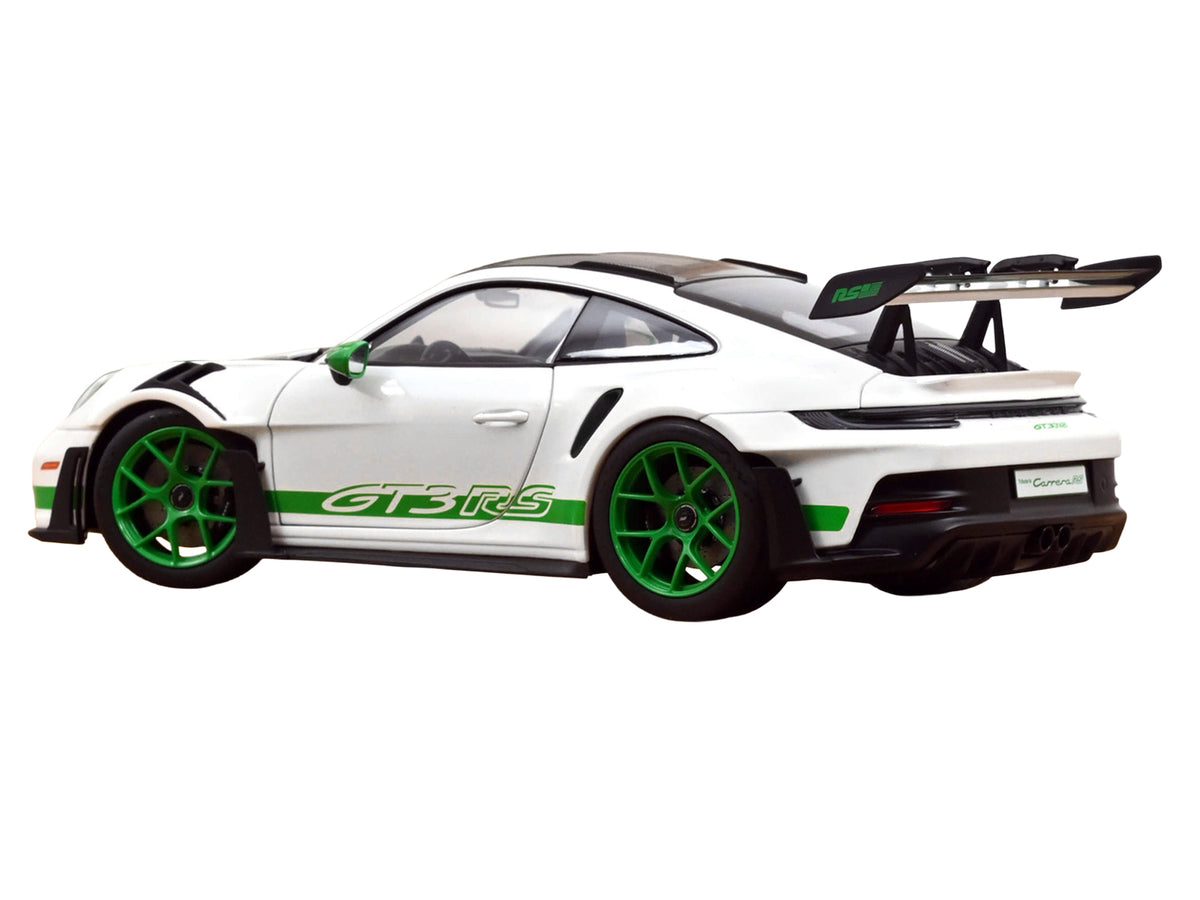 2022 Porsche 911 GT3 RS Weissach Pack White with Green Stripes And Carbon Hood and Top 1/18 Diecast Model Car