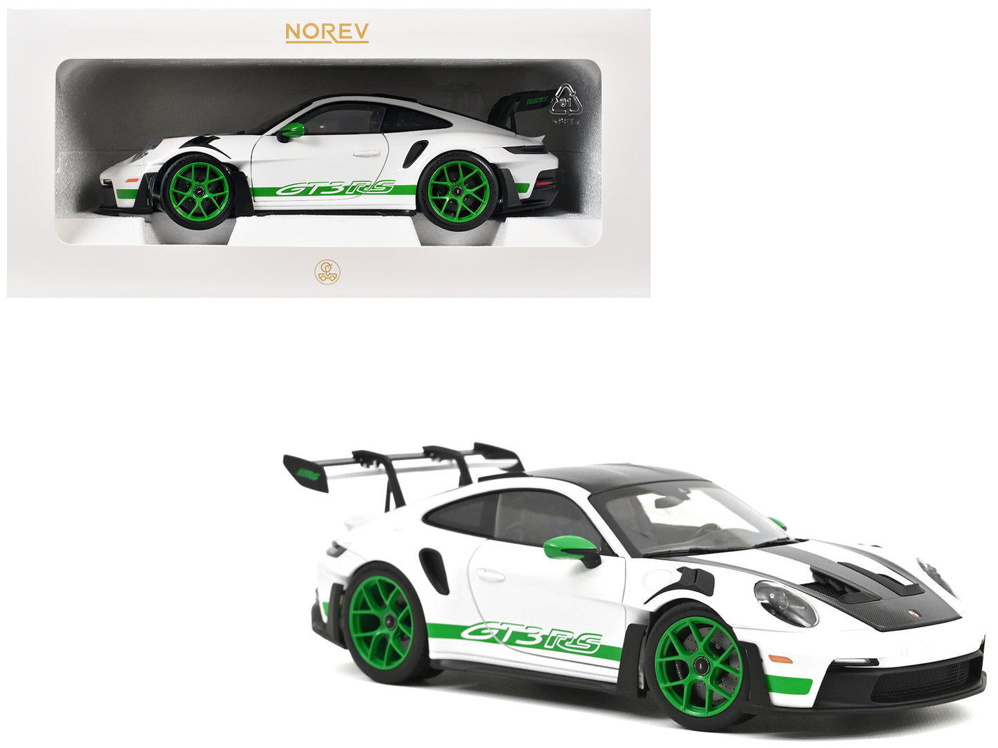 2022 Porsche 911 GT3 RS Weissach Pack White with Green Stripes And Carbon Hood and Top 1/18 Diecast Model Car