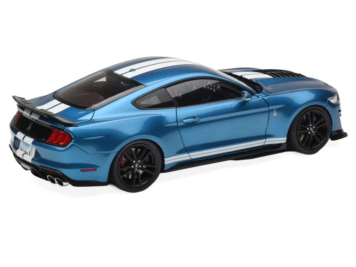 2022 Ford Mustang Shelby GT500 Blue Metallic with White Stripes 1/18 Diecast Model Car