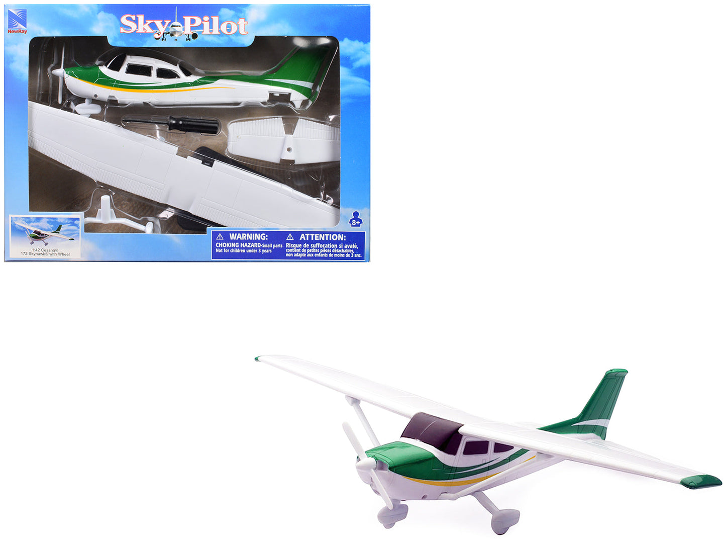 Model Kit Cessna 172 Skyhawk Aircraft White with Green and Yellow Stripes "Sky Pilot" Series 1/42 Plastic Model Kit