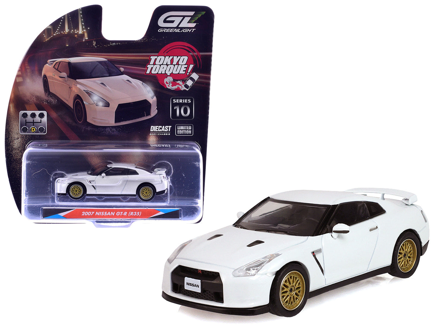 2007 Nissan GT-R (R35) Pearl White with Gold Wheels "Tokyo Torque" Series 10 1/64 Diecast Model Car