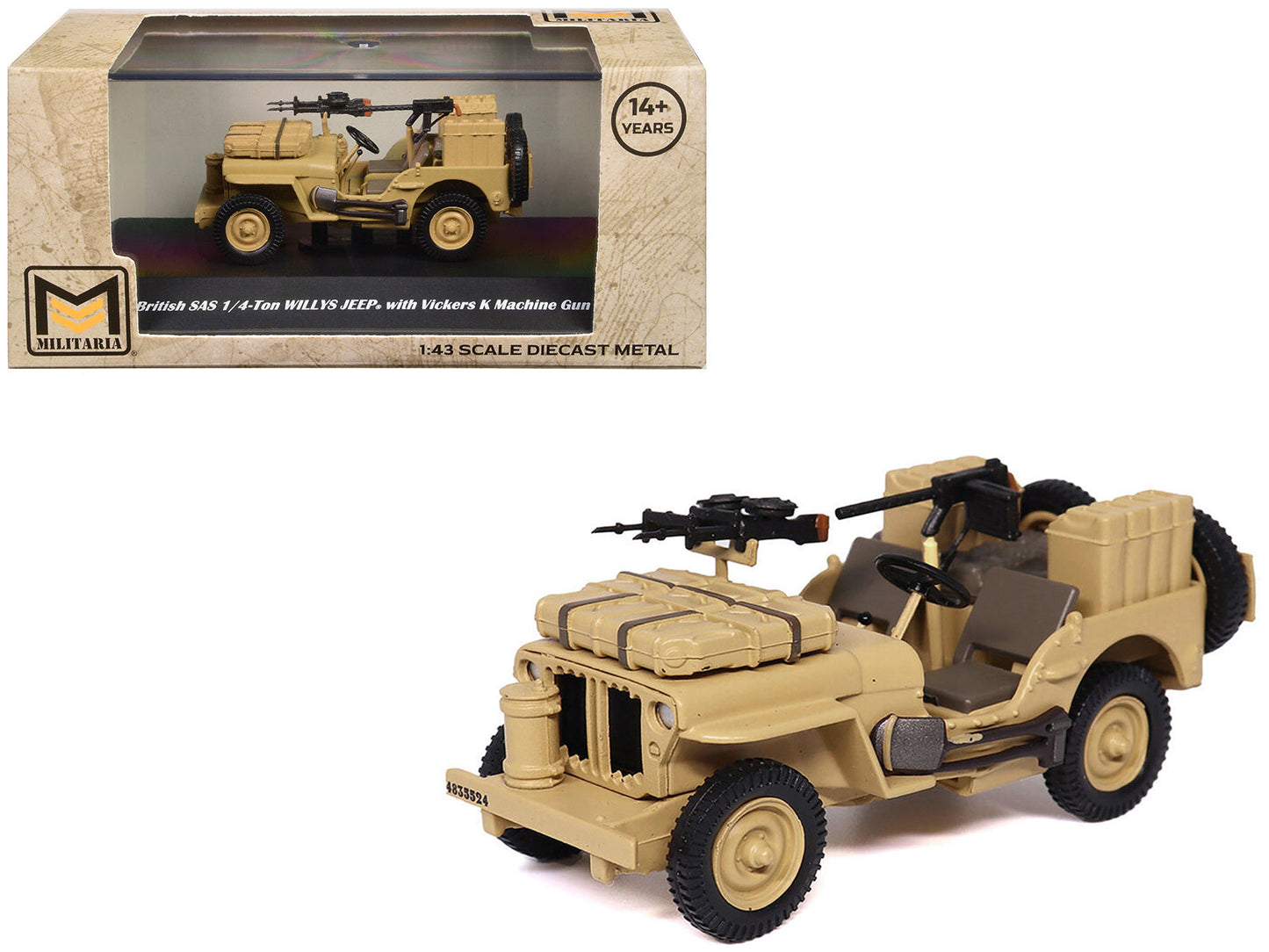 British SAS 1/4-Ton Willys Jeep with Vickers K Machine Gun Desert Sand "British Royal Army" 1/43 Diecast Model