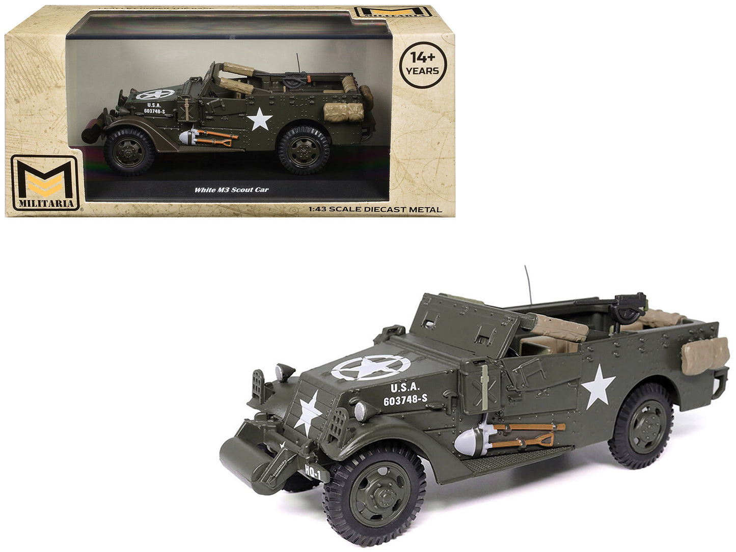 White M3 Scout Car Olive Drab "United States Army" 1/43 Diecast Model