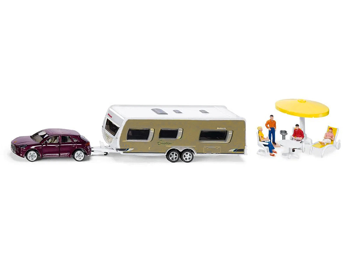 Porsche Macan Turbo Maroon Metallic and Dethleffs Exclusiv Emotion Caravan with Figures and Camp Accessories Set 1/55 Diecast Model