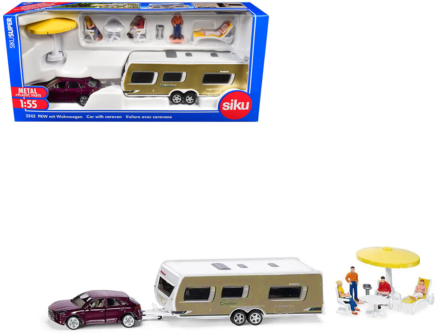 Porsche Macan Turbo Maroon Metallic and Dethleffs Exclusiv Emotion Caravan with Figures and Camp Accessories Set 1/55 Diecast Model