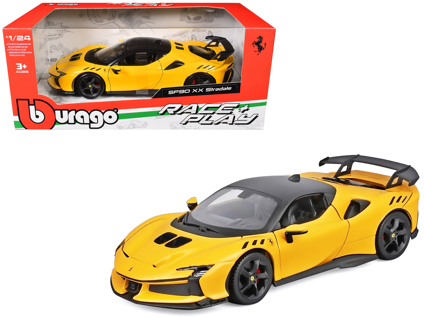 Ferrari SF90 XX Stradale Yellow with Black Top "Race and Play" Series 1/24 Diecast Model Car