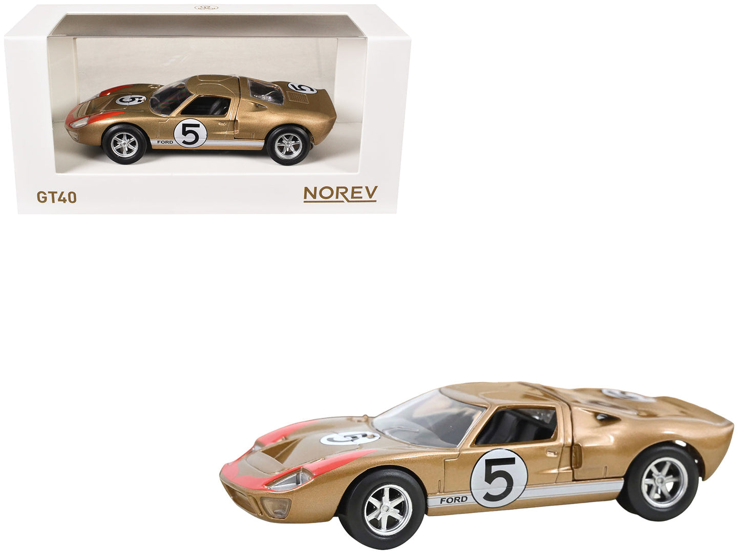 1966 Ford GT40 MKII #5 Kandy Gold Metallic with White Stripes and Red Graphics 1/43 Diecast Model Car
