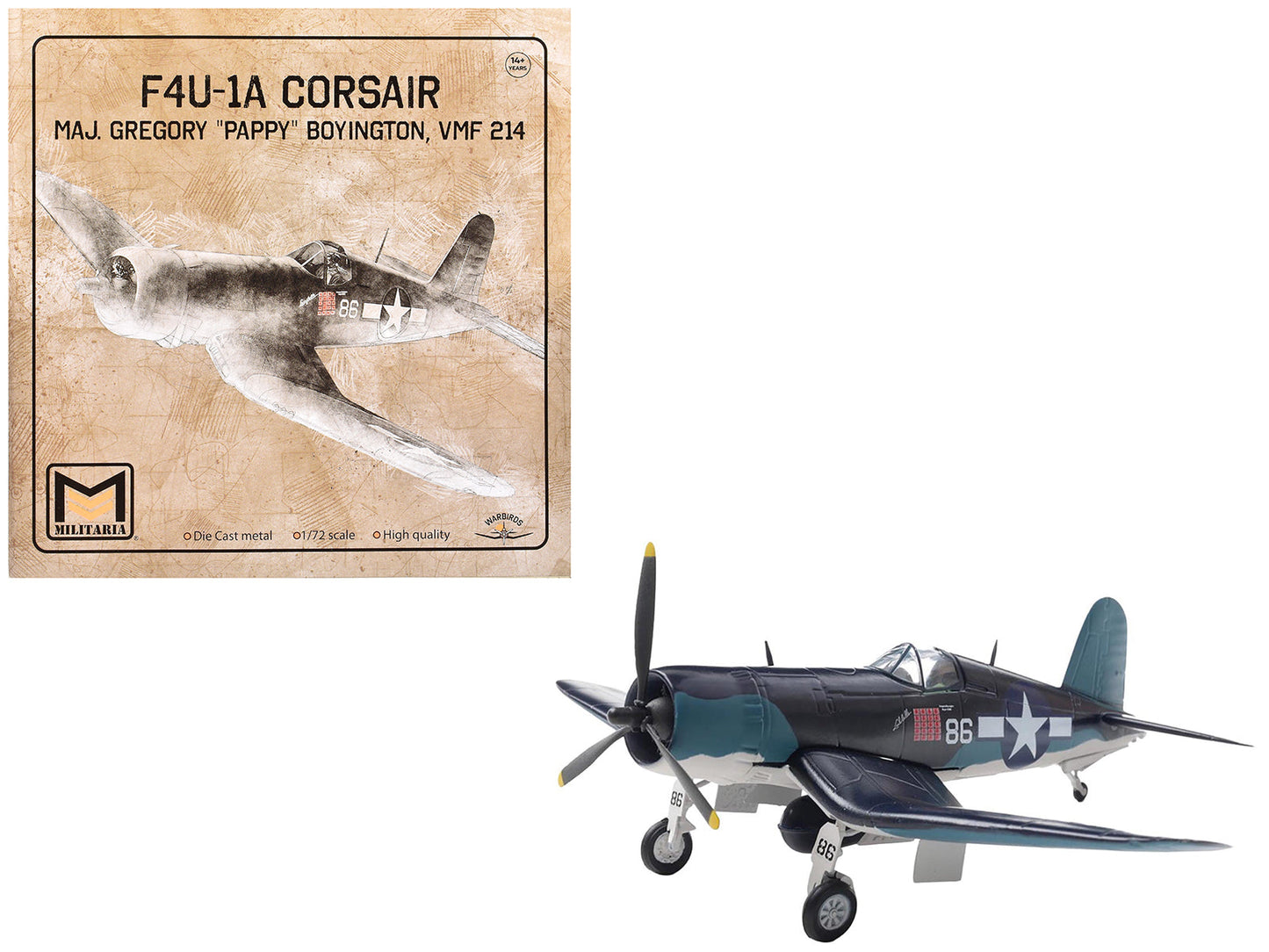 Vought F4U-1A Corsair Fighter Aircraft "Maj. Gregory "Pappy" Boyington VMF 214" United States Marine Corps 1/72 Diecast Model