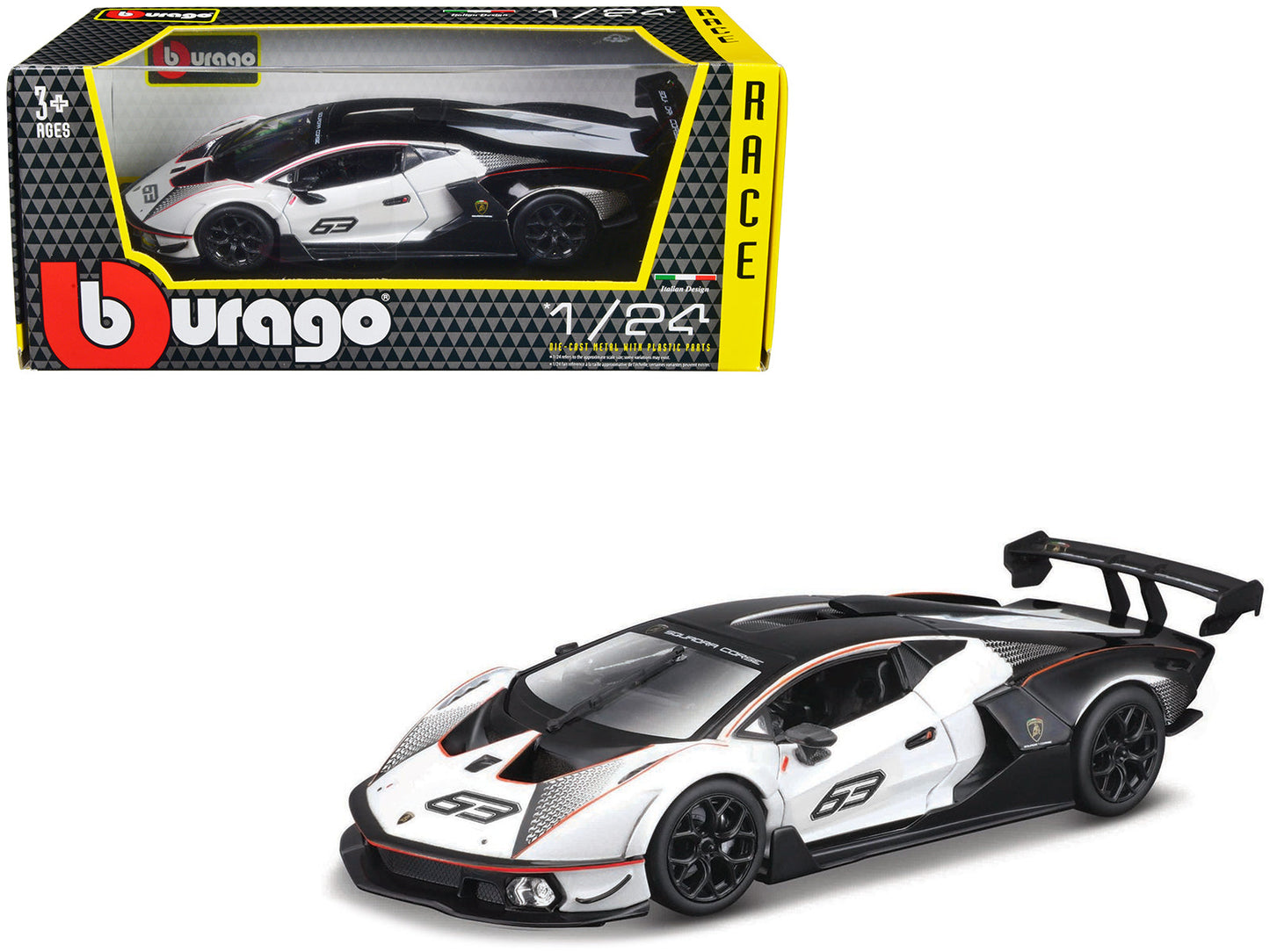 Lamborghini Essenza SCV12 #63 White and Black "Squadra Corse" "Race" Series 1/24 Diecast Model Car