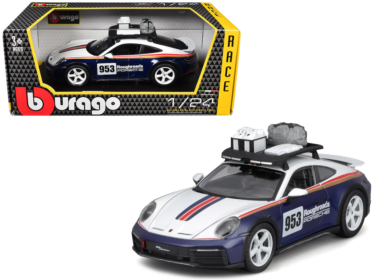 Porsche 911 Dakar #953 "Roughroads Porsche" Blue and White with Stripes and Roof Rack "Race" Series 1/24 Diecast Model Car