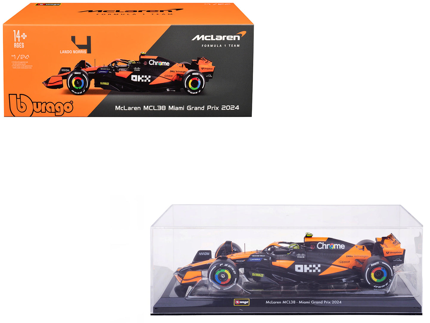 McLaren MCL38 #4 Lando Norris "OKX" Winner Formula One F1 "Miami GP" (2024) with Display Case 1/24 Diecast Model Car