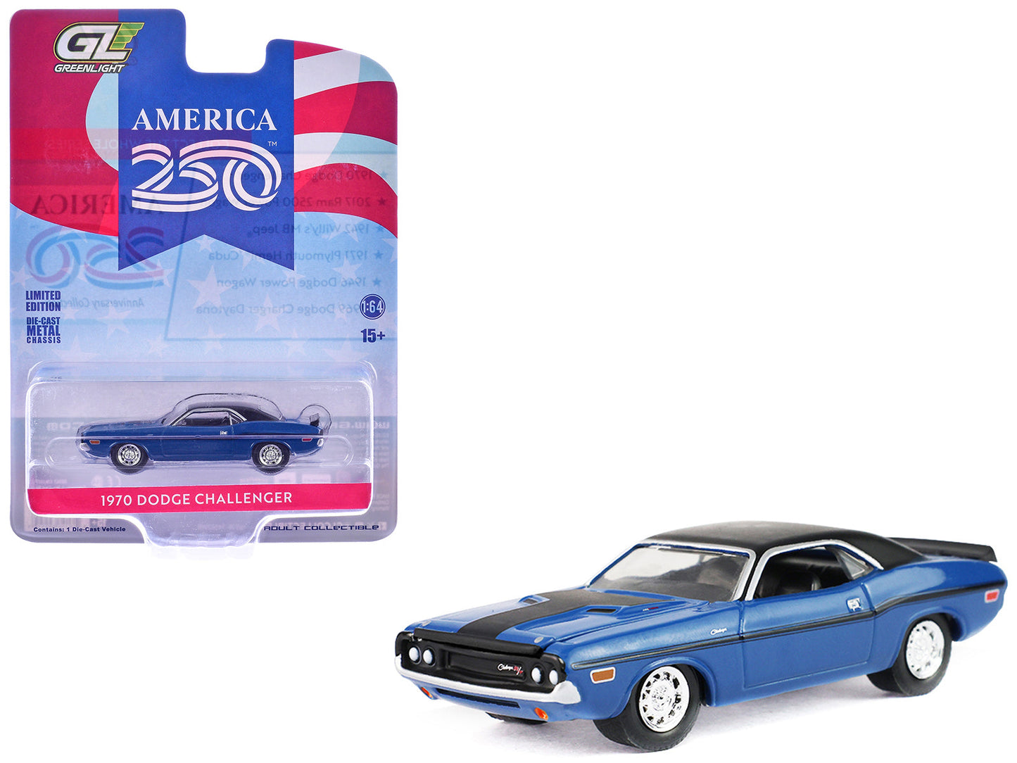 1970 Dodge Challenger Blue with Black Top "America 250 Edition" "Anniversary Collection" Series 18 1/64 Diecast Model Car