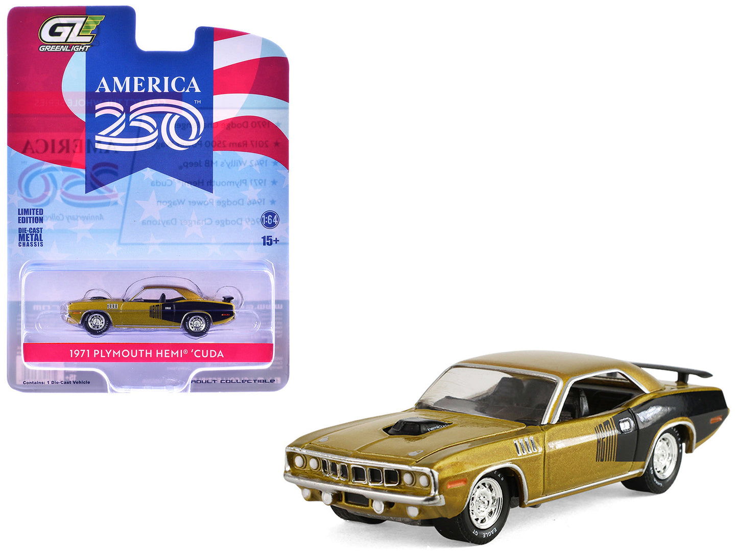 1971 Plymouth Hemi ‘Cuda Gold Metallic with Black Accents "America 250 Edition" "Anniversary Collection" Series 18 1/64 Diecast Model Car