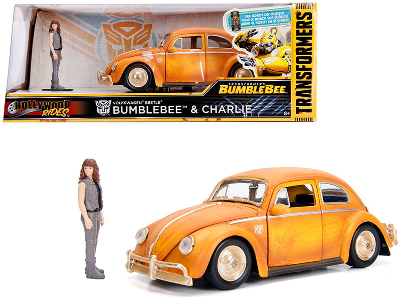 Volkswagen Beetle Weathered Yellow with Robot on Chassis and Charlie Diecast Figurine "Bumblebee" (2018) Movie ("Transformers" Series) "Hollywood Rides" Series 1/24 Diecast Model Car